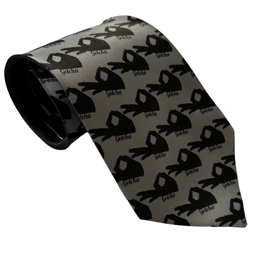 Gotcha Novelty Print Black & Silver Wide 58” x 4” Necktie Easy Care Polyester